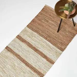 Homescapes Brown Recycled Leather Handwoven Stripe Rug, 66 x 200 cm