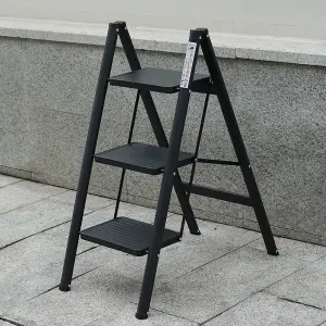 Black 3 Step Ladder Folding Metal Non Slip Stool Heavy Duty Carbon Steel