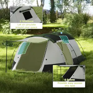 Outsunny Tunnel Tent with Bedroom, Living Room and Porch for 3-4 Man, Green