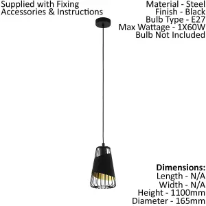 Hanging Ceiling Pendant Light Black & Gold 1x 60W E27 Hallway Feature Lamp