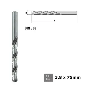 Quality Drill Bit For Metal - Fully Ground HSS DIN 338 Silver - Diameter 3.8mm - Length 75mm