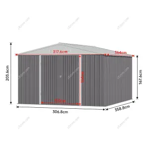 317.6cm W Grey Outdoor Garden Galvanized Steel Storage Shed with Sloped Roof Design, 10x12 ft