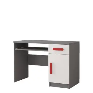 Bold Grey and White Computer Desk H760mm W1100mm D500mm - Red Handles for Dynamic Workspaces