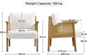 Accent Chair, Boucle Vanity Chair with Rattan Back&Arms Wood Armchair with Loose Back Pillow for Living Room Bedroom White