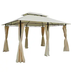 Outsunny 3 x 4m 2-Tier Steel Frame Gazebo with Curtains Outdoor Backyard Beige