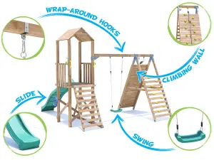 Dunster House Wooden Climbing Frame with Swing, Tall Climbing Wall & Slide BalconyFort Low Platform