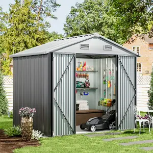 8x6 ft Apex Metal Shed Garden Storage Shed with Lockable Double Door,Grey