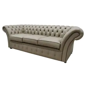 Chesterfield 3 Seater Sofa Shelly Pebble Real Leather In Balmoral Style