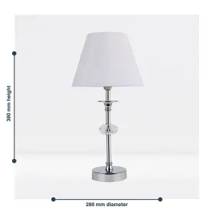 First Choice Lighting Chrome Plated Stacked Bedside Table Light with Faceted Acrylic Detailing and White Fabric Shade