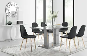 Imperia Grey High Gloss 6 Seater Dining Table with Structural 2 Plinth Column Legs 6 Black Faux Leather Gold Leg Corona Chairs