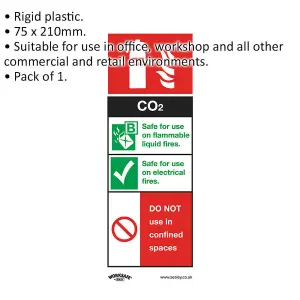 1x CO2 Fire Extinguisher Safety Sign - Durable Rigid Plastic 75mm x 210mm for Workplace