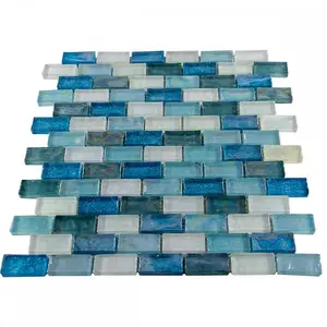 Luxury Textured Aqua, Blue & Pearl Iridescent Glass Mosaic Wall Tiles Sheet 8mm