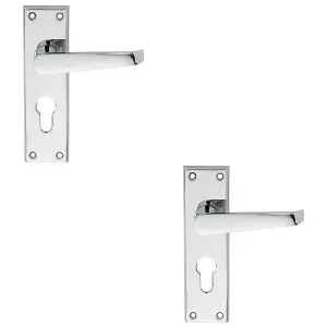 2 PACK - Straight Victorian Latch & EURO Lock Door Handle Polished Chrome Lever Backplate