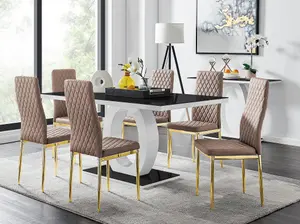 Giovani Rectangular 6 Seat White High Gloss Unique Halo Dining Table Black Glass Top 6 Beige Faux Leather Gold Leg Milan Chairs