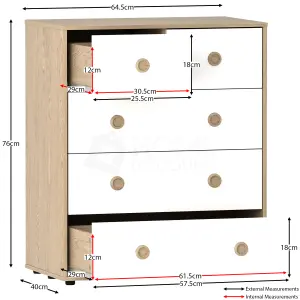 Junior Vida Neptune White & Oak 5 Drawer Chest Of Drawers Cabinet, Set of 2