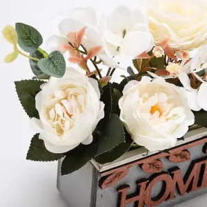 Country Style Artificial Potted Plant Fake Hydrangea Peony in Wooden Box Tabletop Centerpiece Ornament