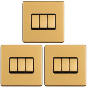 3 PACK 3 Gang Triple Light Switch SCREWLESS SATIN BRASS 2 Way 10A Slim Rocker