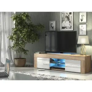 TV Unit 130cm Sideboard Cabinet Cupboard TV Stand Living Room High Gloss Doors - Oak & White