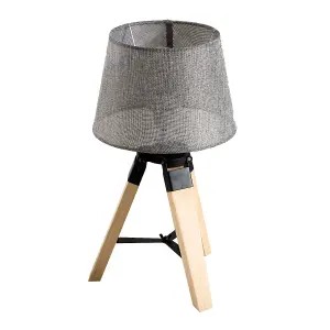 HOMCOM Wooden Tripod Table Lamp for Side, Desk or End Tables with E27 Bulb Base(Grey Shade)