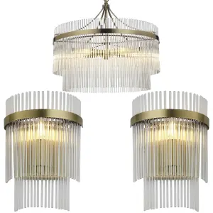 5 Light Ceiling Pendant & 2x Matching Wall Light - Clear Glass rods Antique Brass Ring