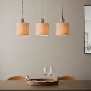 Luminosa Durban Bar Pendant Ceiling Lamp, Natural Eucalyptus Wood, Natural Linen, Matt Black