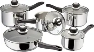 Judge Vista 5 Piece Stainless Steel Pan Set With Draining Glass Lids, 14/16/18/20cm Saucepans / 24cm Non-Stick Saute Pan With Lid Judge