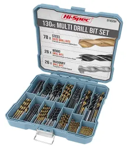 Hi-Spec 130pc Metric Drill Bit Set. 1 - 10mm HSS Titanium Coat, Masonry & Carbon Steel for Metal, Wood, Brick & Concrete