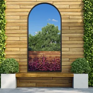 MirrorOutlet Arcus - Black Metal Framed Arched Leaner / Wall Garden Mirror 55" X 27.5" (140CM X 70CM)