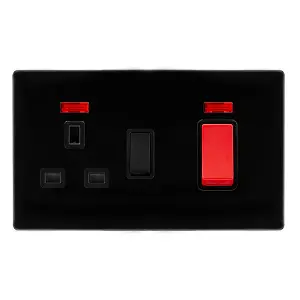 Matt Black Screwless Plate Cooker Control   45A With 13A Switched Plug Socket & 2 Neons - Black Trim - SE Home