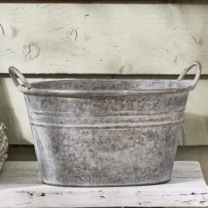 Vintage Grey Galvanised Trough Bucket Flower Pot with Handles Embossed Outdoor Garden Planter