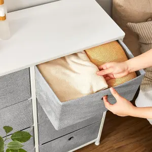 SONGMICS Chest of Drawers, Storage Unit with 8 Fabric Drawers, Dresser, Organiser Unit, Tabletop, Light Grey and White