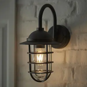 Non Automatic Caged Outdoor Wall Light - Textured Black & Glass Shade IP44 Rated