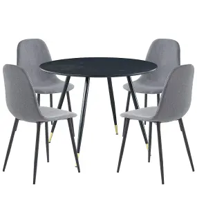 Hallowood Furniture Finley Small Round Dining Table in Black Finish with 4 Dark Grey Fabric Chairs