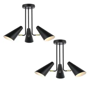 First Choice Lighting Set of 2 Dakotta Matt Black & Brushed Gold Adjustable 3 Light Fittings