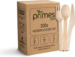 PRIMES ECO Disposable Wooden Cutlery Set, 100 Forks, 100 Spoons and 100 Kniv