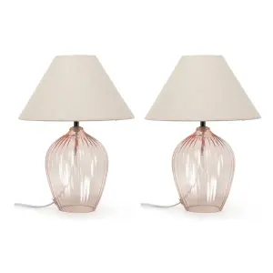 ValueLights Olivet Pair of Blush Pink Glass Table Lamps with Fabric Tapered Lampshade Bedside Light - Bulbs Included