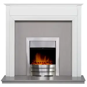 Adam Honley Fireplace in Pure White & Grey with Downlights & Colorado Electric Fire in Brushed steel, 48 Inch