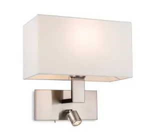 Luminosa Raffles Wall Lamp with Adjustable Switched Reading Light Brushed Steel with Cream Shade