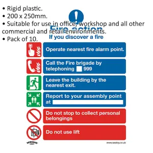 10 Pack of Rigid Plastic Fire Action & Lift Safety Signs 200 x 250mm