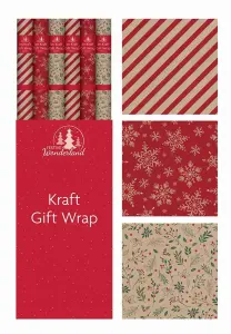 3 Recyclable Christmas Wrapping Paper Kraft Brown 3M 70cm Snowflake Holly Stripe