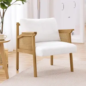 Accent Chair, Boucle Vanity Chair with Rattan Back&Arms Wood Armchair with Loose Back Pillow for Living Room Bedroom White