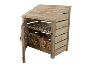 Slatted wooden log store with door and kindling shelf W-99cm, H-126cm, D-88cm - natural (light green) finish