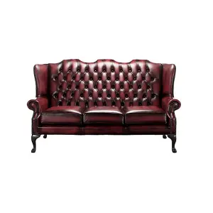 Chesterfield 3 Seater High Back Antique Oxblood Leather Sofa In Mallory Style