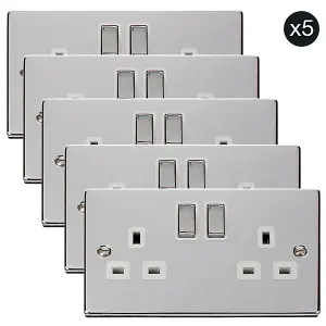 5 PACK - Polished Chrome 2 Gang 13A DP Ingot Twin Double Switched Plug Socket - White Trim - SE Home