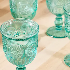 Set of 2 Vintage Luxury Turquoise Embossed Drinking Wine Glass Wine Goblets 290ml