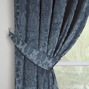 Trinity Velvet Ornamental Floral Pair of Blue Pencil Pleat Curtains