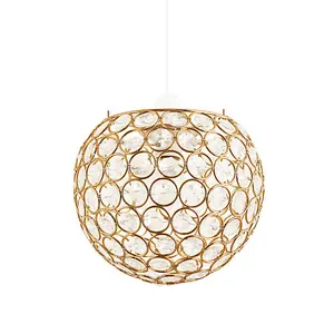 Modern Round Gold Globe Easy Fit Pendant Shade with Small Clear Acrylic Beads