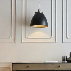 Hanging Ceiling Pendant Light - Large - Aged Pewter Plate & Matt Black Paint - 10W LED E27