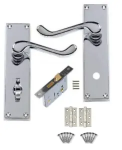 Victorian Scroll Polished Chrome Bathroom WC Toilet Door Handles Bathroom Mortise Lock and 1 Pair of Ball Bearing Hinges