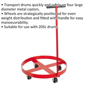 205L Oil Drum Dolly with Handle - Four Large Diameter Metal Castors - Drum Mover